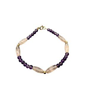 Amethyst  and Rose quartz beaded 14k clasp 7" Bracelet